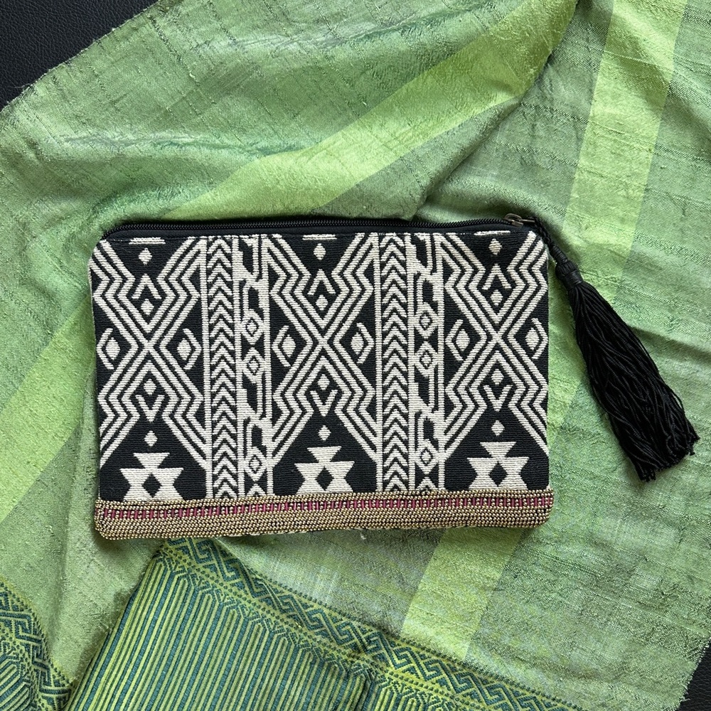 Oysho Beaded Clutch with Black Tassel & Zipper